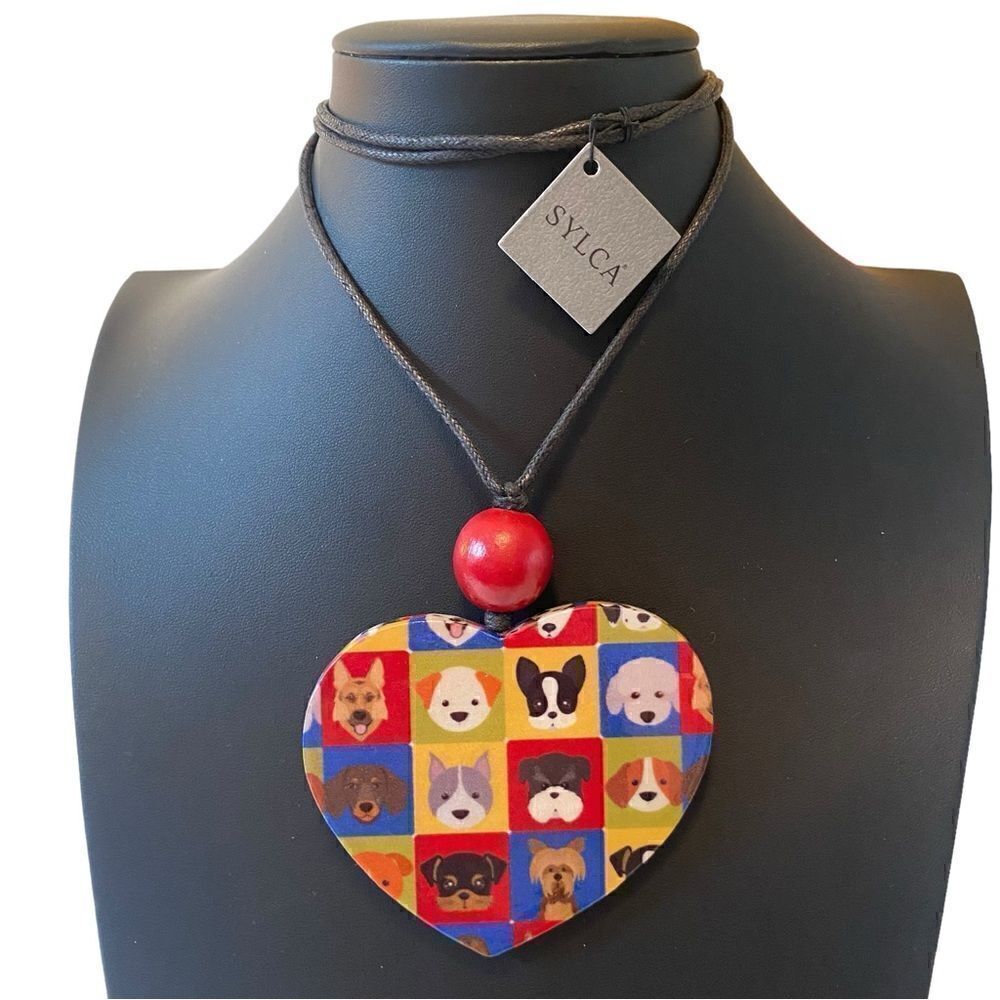 Sylca Adorable Puppy Faces on Oversized Heart Shaped Pendant.